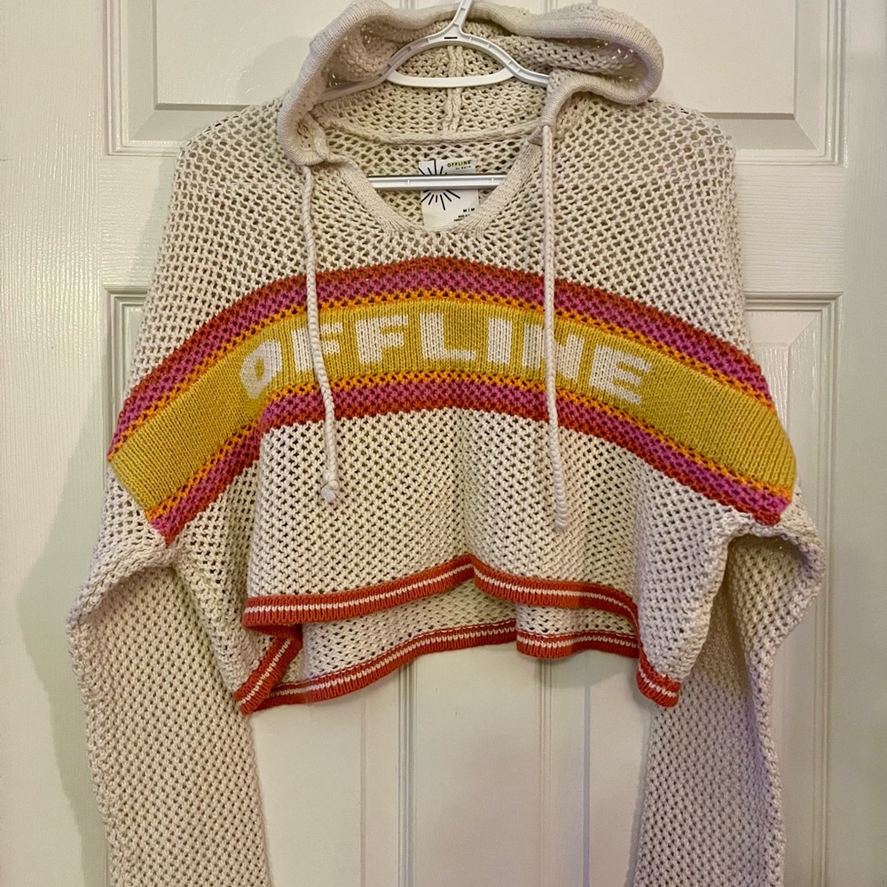 Aerie Cream V-Neck Sweater with Pink and Yellow Stripes